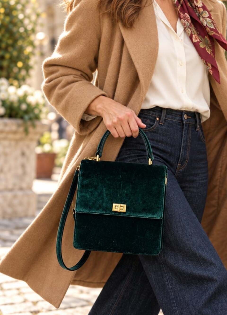 Neely & Chloe No. 7 The Lady Bag in Forest Green Velvet Top Handle